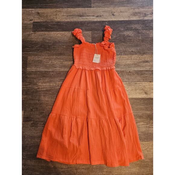 And the why gauzy smocked cotton sun dress ruffle coral orange XL new - Picture 3 of 8